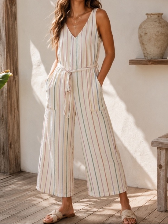 American Eagle Outfitters Pants - American Eagle Women's Cream Striped Wide-Leg Cotton Linen Blend Jumpsuit
